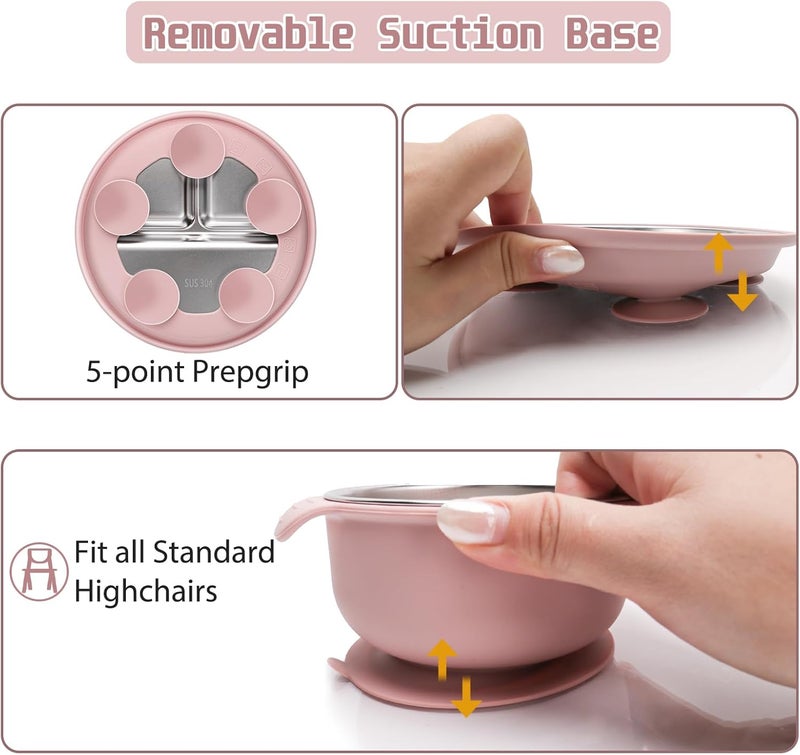 mislili Stainless Steel Kids Plates and Bowls Set with Suction, Divided Baby Plate and Toddler Bowl with Removable Silicone Suction,Stainless Steel Weaning Bundle, Silicone Baby Feeding Set (Pink) - Image 4